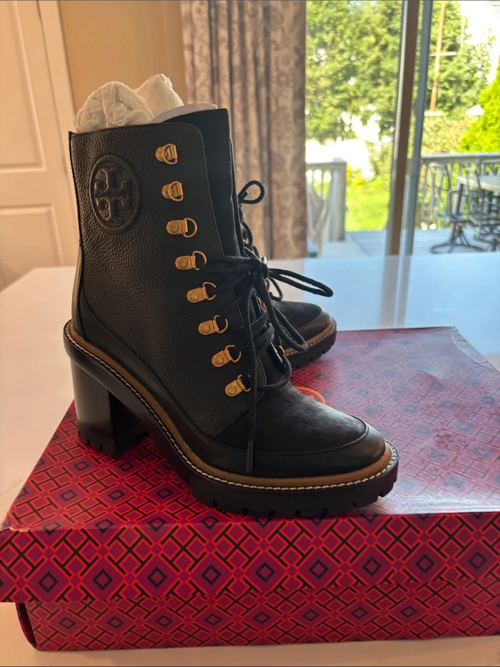 Tory Burch Black Leather Lace-Up Lug Heel Ankle Boots with Gold Hardware